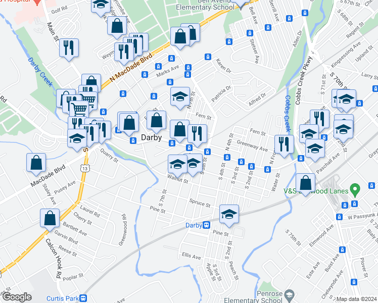 map of restaurants, bars, coffee shops, grocery stores, and more near 6 South 6th Street in Darby