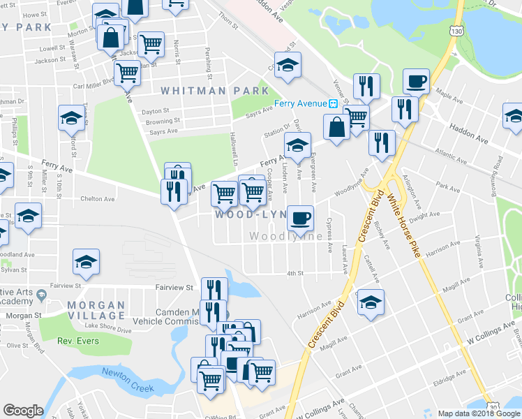 map of restaurants, bars, coffee shops, grocery stores, and more near 158 Chestnut Avenue in Oaklyn