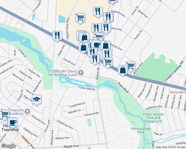 map of restaurants, bars, coffee shops, grocery stores, and more near 418 Park Place Drive in Cherry Hill