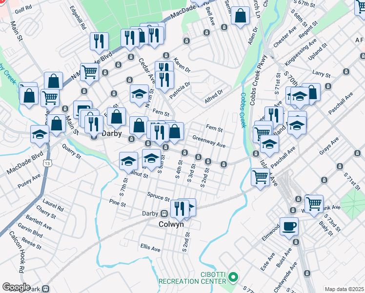 map of restaurants, bars, coffee shops, grocery stores, and more near 22 North 4th Street in Darby