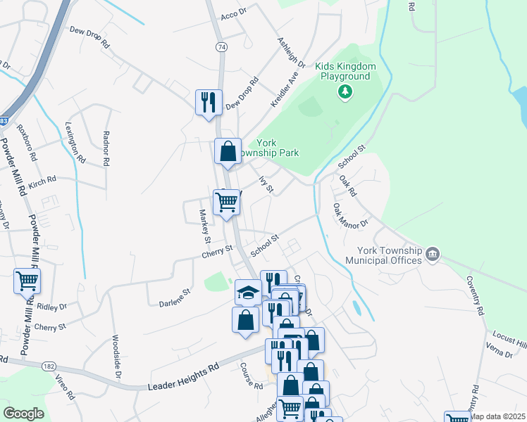 map of restaurants, bars, coffee shops, grocery stores, and more near 2451 Schultz Way in York