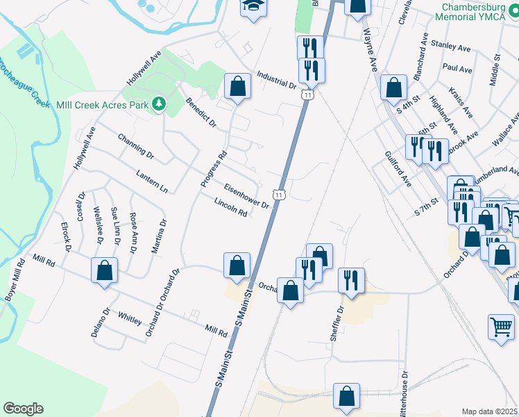 map of restaurants, bars, coffee shops, grocery stores, and more near 101 Eisenhower Drive in Chambersburg