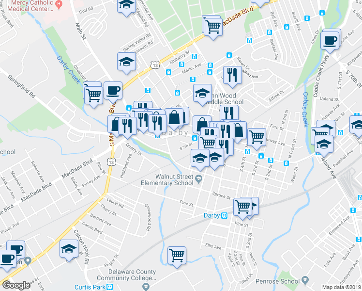 map of restaurants, bars, coffee shops, grocery stores, and more near 48 South 7th Street in Darby