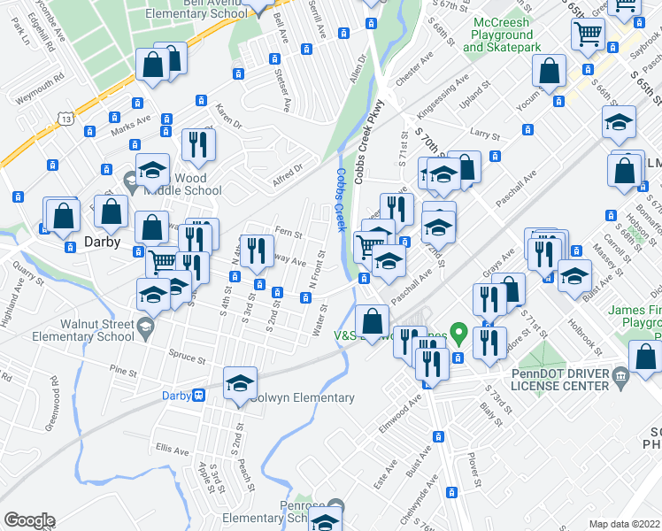 map of restaurants, bars, coffee shops, grocery stores, and more near 11 Greenway Avenue in Darby