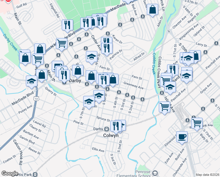 map of restaurants, bars, coffee shops, grocery stores, and more near 435 Main Street in Darby