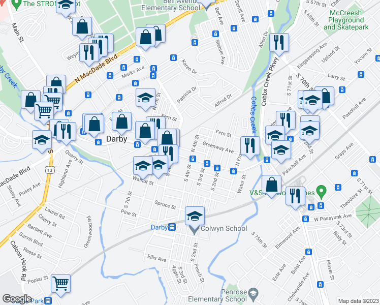map of restaurants, bars, coffee shops, grocery stores, and more near 22 North 4th Street in Darby