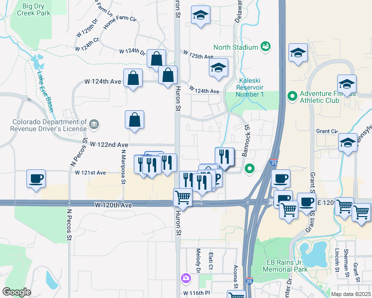 map of restaurants, bars, coffee shops, grocery stores, and more near 12183 Melody Drive in Westminster