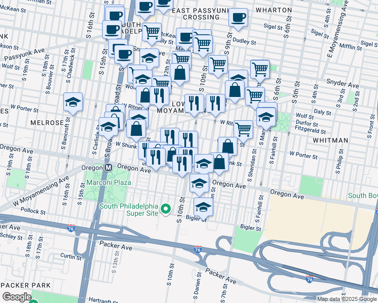 map of restaurants, bars, coffee shops, grocery stores, and more near 2542 South 10th Street in Philadelphia