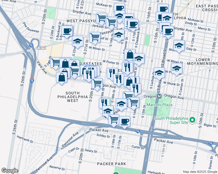 map of restaurants, bars, coffee shops, grocery stores, and more near 2700 South Cleveland Street in Philadelphia