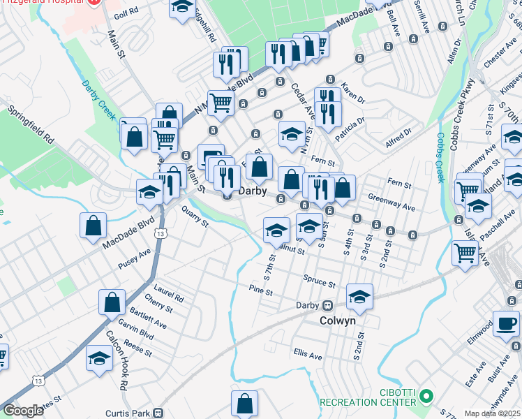 map of restaurants, bars, coffee shops, grocery stores, and more near 48 South 7th Street in Darby