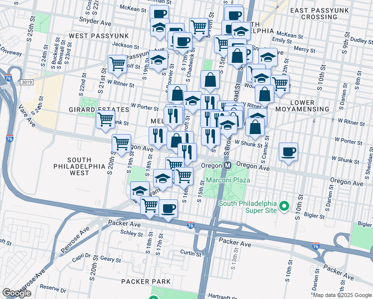 map of restaurants, bars, coffee shops, grocery stores, and more near 2644 South 16th Street in Philadelphia