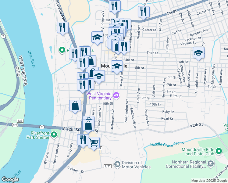map of restaurants, bars, coffee shops, grocery stores, and more near 818 Jefferson Avenue in Moundsville