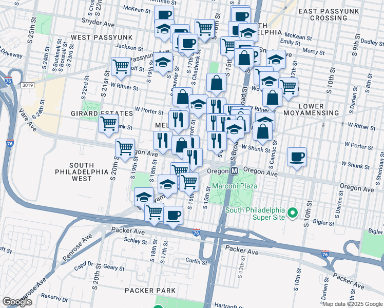 map of restaurants, bars, coffee shops, grocery stores, and more near 2644 South 16th Street in Philadelphia