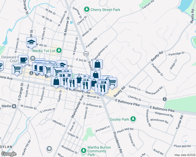 map of restaurants, bars, coffee shops, grocery stores, and more near 7 Providence Road in Media