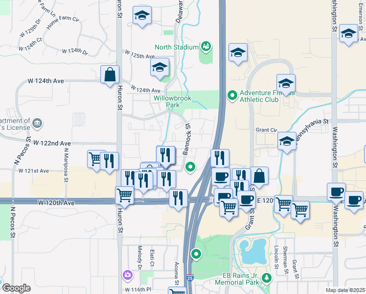 map of restaurants, bars, coffee shops, grocery stores, and more near 300 West 123rd Avenue in Westminster