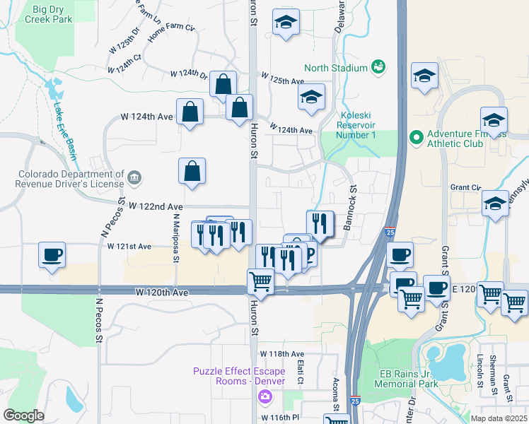 map of restaurants, bars, coffee shops, grocery stores, and more near 12183 Melody Drive in Westminster