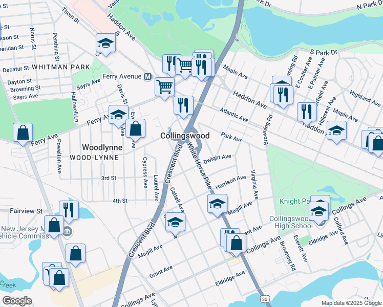map of restaurants, bars, coffee shops, grocery stores, and more near 124 White Horse Pike in Collingswood