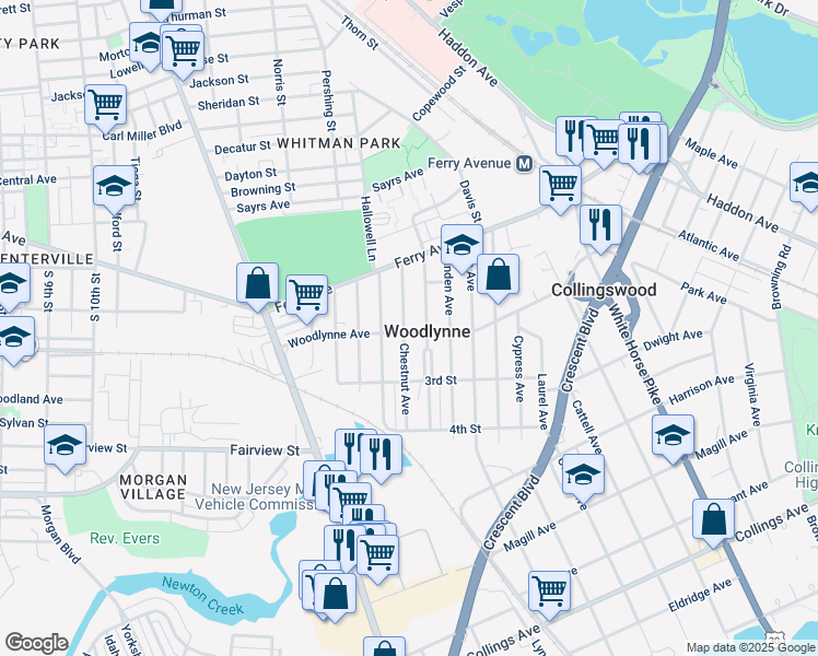 map of restaurants, bars, coffee shops, grocery stores, and more near in Woodlynne