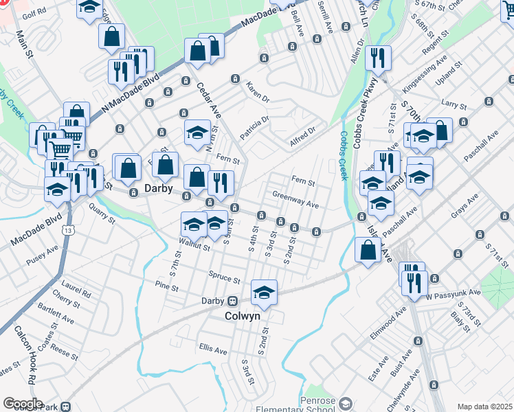 map of restaurants, bars, coffee shops, grocery stores, and more near 429 Darby Terrace in Darby