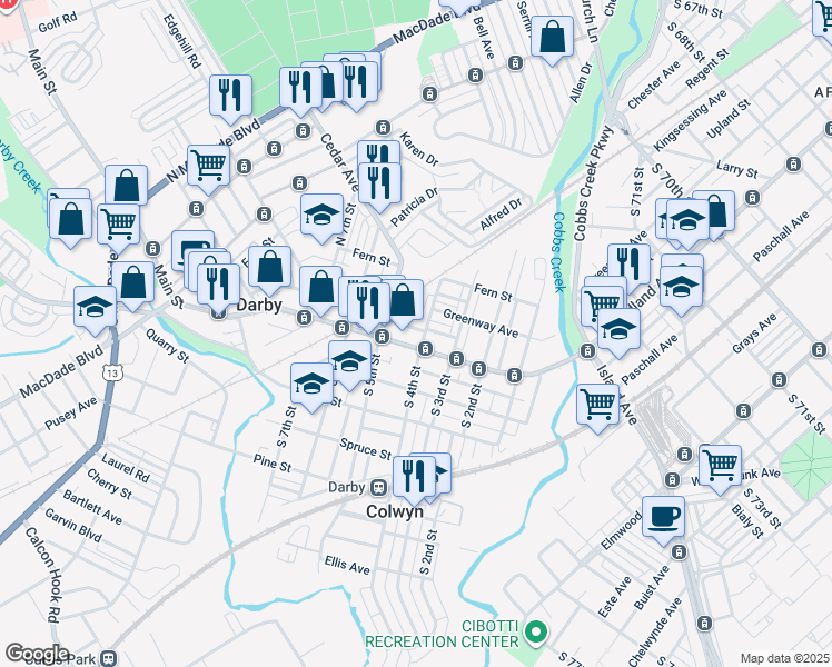 map of restaurants, bars, coffee shops, grocery stores, and more near 429 Darby Terrace in Darby