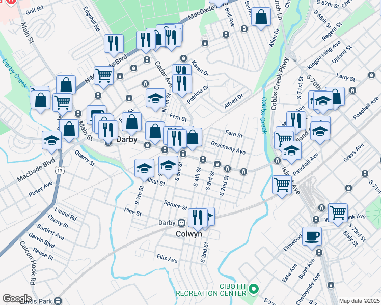 map of restaurants, bars, coffee shops, grocery stores, and more near 429 Darby Terrace in Darby