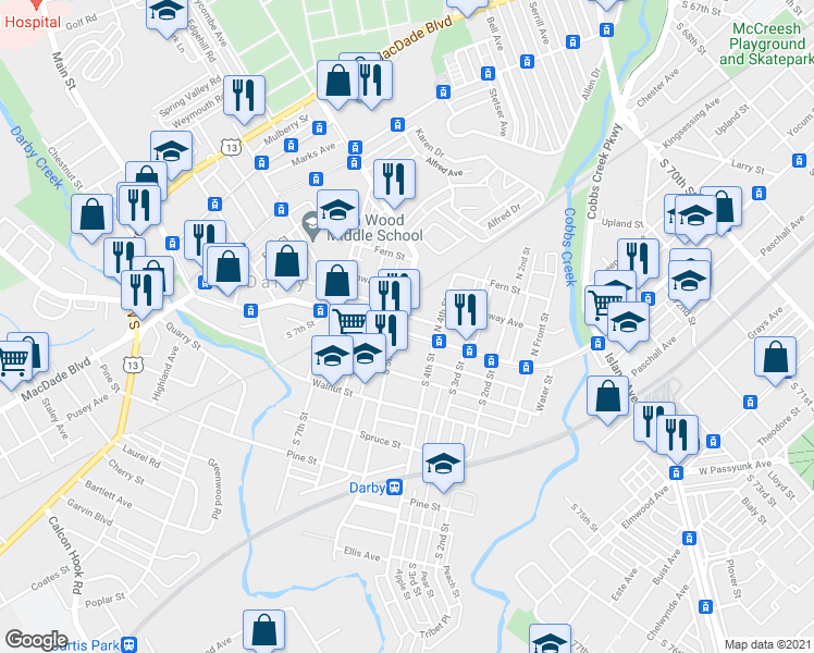 map of restaurants, bars, coffee shops, grocery stores, and more near 429 Darby Terrace in Darby