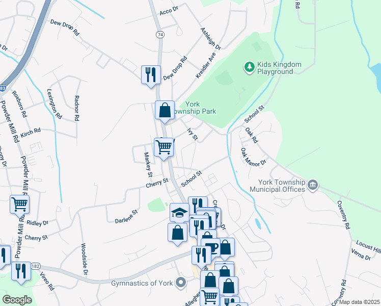 map of restaurants, bars, coffee shops, grocery stores, and more near 2451 Schultz Way in York
