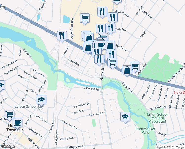 map of restaurants, bars, coffee shops, grocery stores, and more near 418 Park Place Drive in Cherry Hill