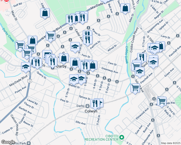 map of restaurants, bars, coffee shops, grocery stores, and more near 433 Main Street in Darby