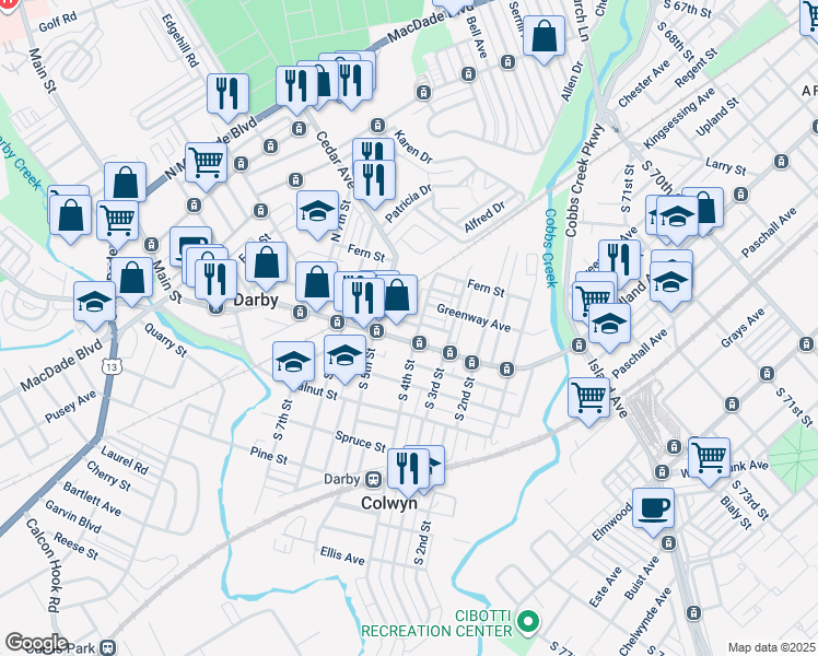 map of restaurants, bars, coffee shops, grocery stores, and more near 408 Darby Terrace in Darby