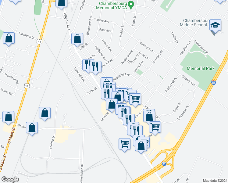 map of restaurants, bars, coffee shops, grocery stores, and more near 779 Meadowbrook Lane in Chambersburg