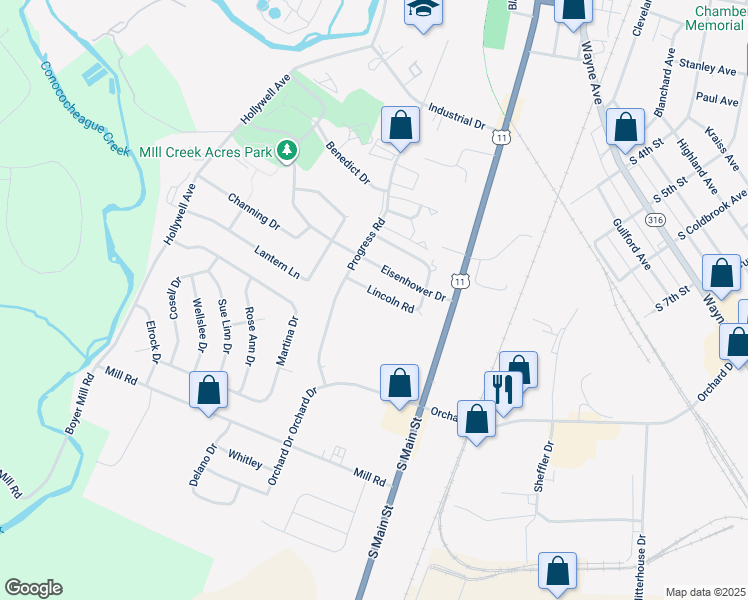 map of restaurants, bars, coffee shops, grocery stores, and more near 150 Lincoln Road in Chambersburg