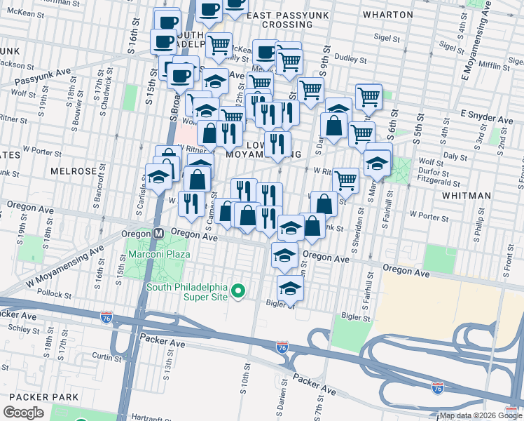 map of restaurants, bars, coffee shops, grocery stores, and more near 2527 South Warnock Street in Philadelphia