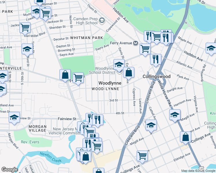 map of restaurants, bars, coffee shops, grocery stores, and more near in Woodlynne