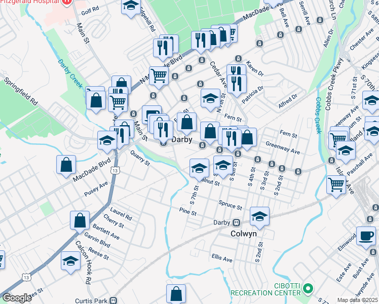 map of restaurants, bars, coffee shops, grocery stores, and more near 44 South 7th Street in Darby
