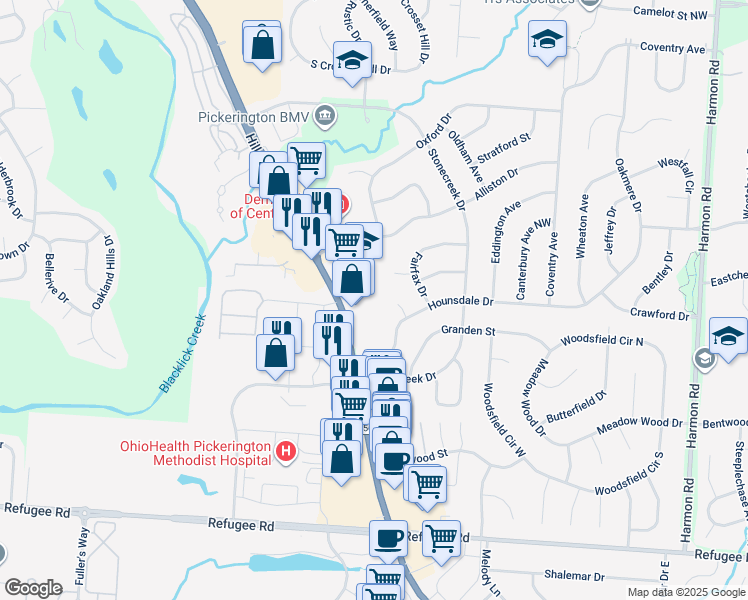map of restaurants, bars, coffee shops, grocery stores, and more near 1310 Hill Road North in Pickerington