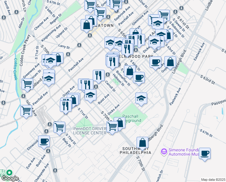 map of restaurants, bars, coffee shops, grocery stores, and more near 2602 Carroll Street in Philadelphia