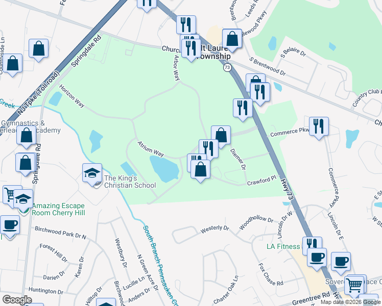 map of restaurants, bars, coffee shops, grocery stores, and more near in Mount Laurel Township