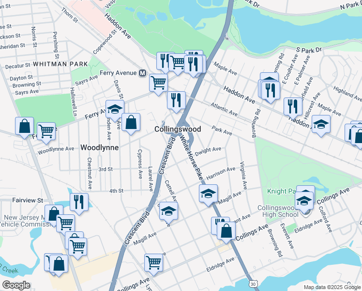 map of restaurants, bars, coffee shops, grocery stores, and more near 124 White Horse Pike in Collingswood