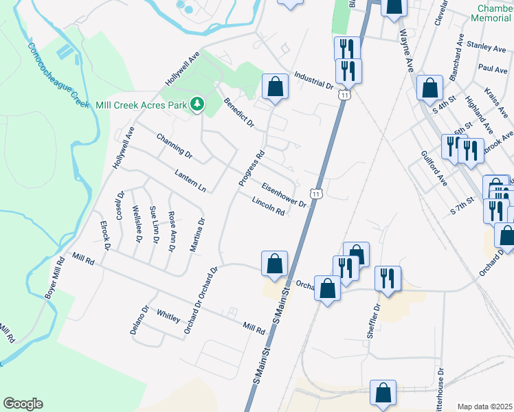 map of restaurants, bars, coffee shops, grocery stores, and more near 150 Lincoln Road in Chambersburg