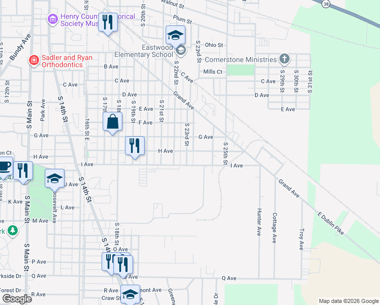 map of restaurants, bars, coffee shops, grocery stores, and more near 1421 South 23rd Street in New Castle