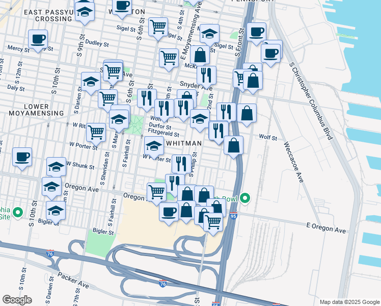 map of restaurants, bars, coffee shops, grocery stores, and more near 2425 South American Street in Philadelphia