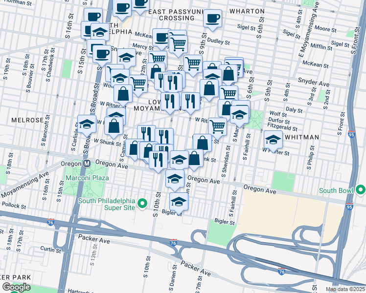 map of restaurants, bars, coffee shops, grocery stores, and more near 2530 South 9th Street in Philadelphia