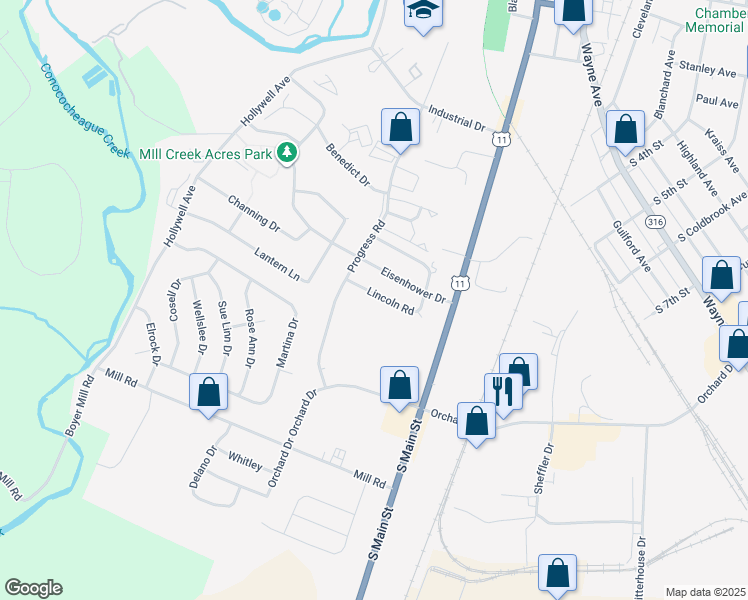 map of restaurants, bars, coffee shops, grocery stores, and more near 141 Lincoln Road in Chambersburg