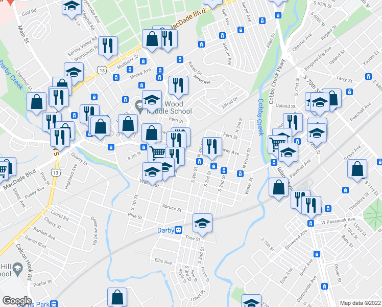 map of restaurants, bars, coffee shops, grocery stores, and more near 420 Darby Terrace in Darby