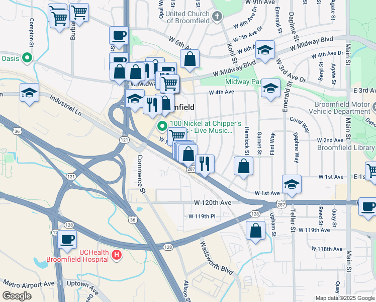 map of restaurants, bars, coffee shops, grocery stores, and more near 145 Laurel Street in Broomfield