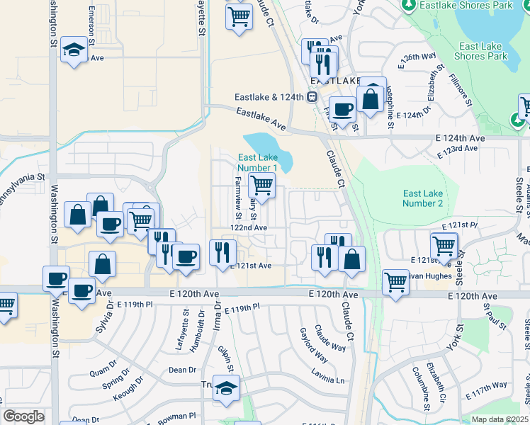 map of restaurants, bars, coffee shops, grocery stores, and more near 12265 Race Street in Northglenn