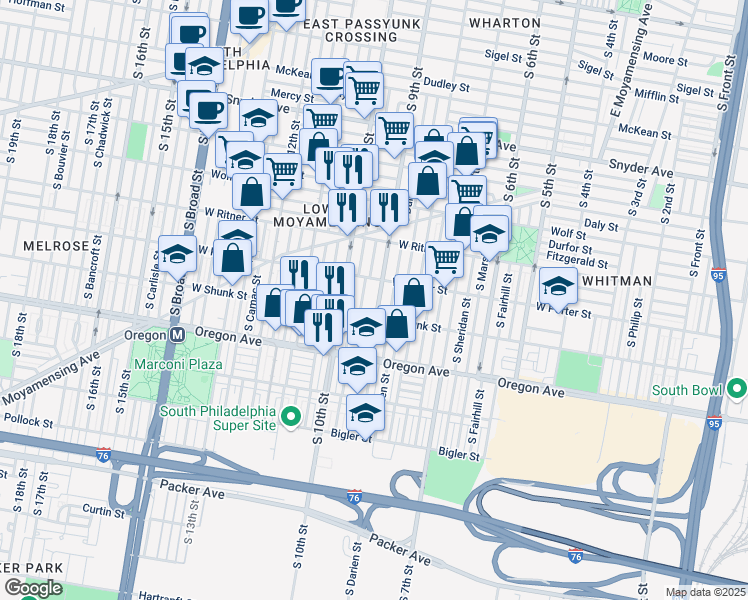 map of restaurants, bars, coffee shops, grocery stores, and more near 2530 South 9th Street in Philadelphia
