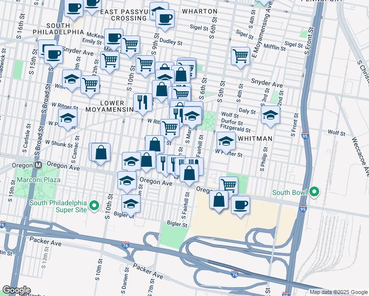 map of restaurants, bars, coffee shops, grocery stores, and more near 2502 South Marshall Street in Philadelphia
