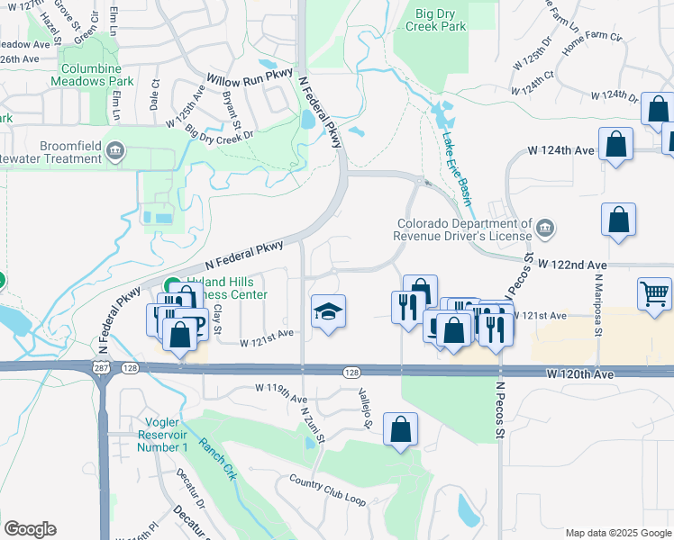 map of restaurants, bars, coffee shops, grocery stores, and more near 2216 Park Centre Drive in Westminster